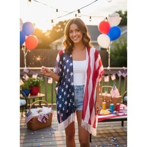 Francesca’s Sheer Patriotic Cardigan Wrap Fringe USA Fourth of July Beach Flag